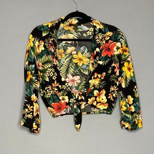 Hawiian Printed Crop Sleeve Tie Front Crop Top
